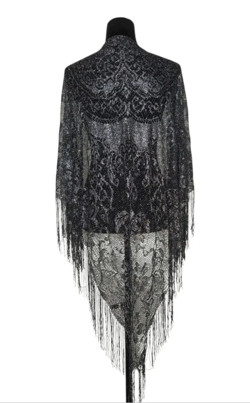 VTG Worthington Metallic Lace Triangle Shawl Floral Fringe Oversized Boho Japan